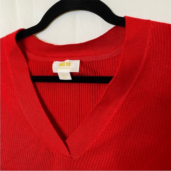 ANTHROPOLOGIE Maeve Ribbed Thea V-Neck Sweater Red Small Tight Knit - Picture 4 of 6